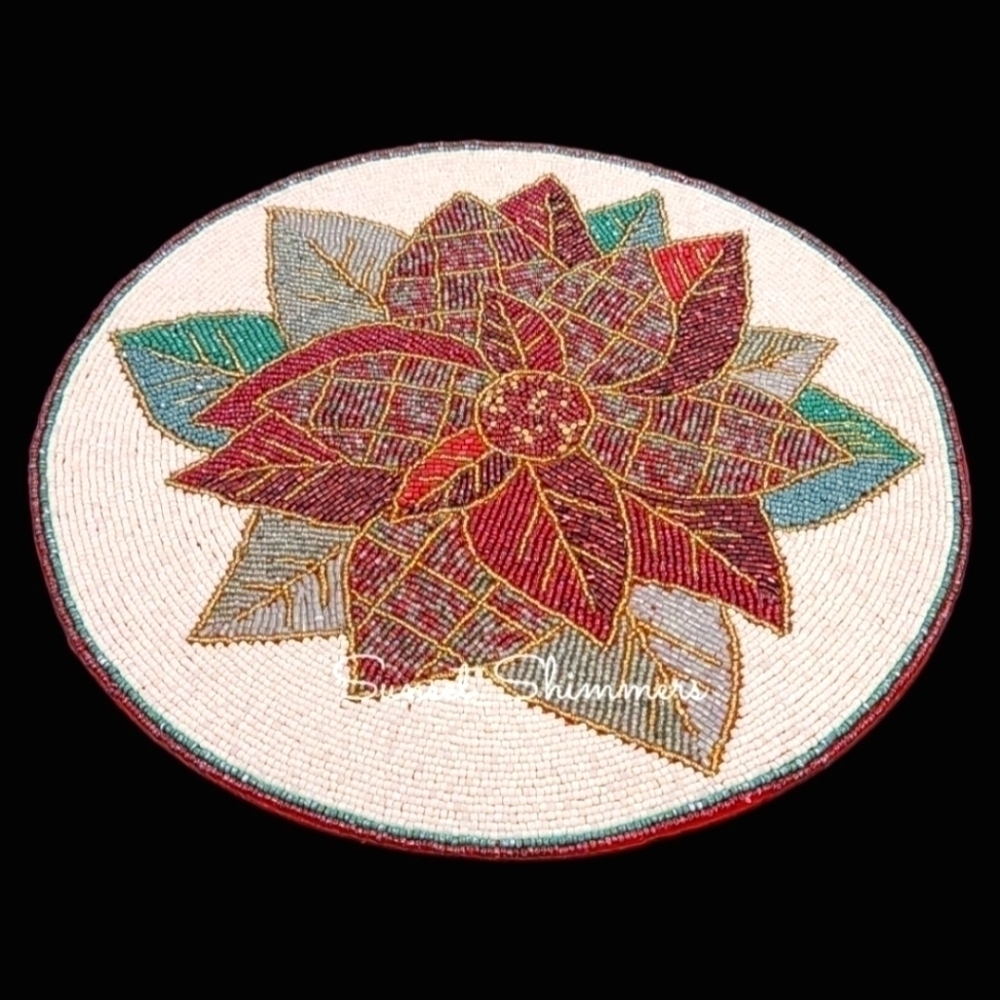 x4 Beaded Plaid Check POINSETTIA Christmas Placemat Chargers New Cynthia Rowley - Picture 3 of 4